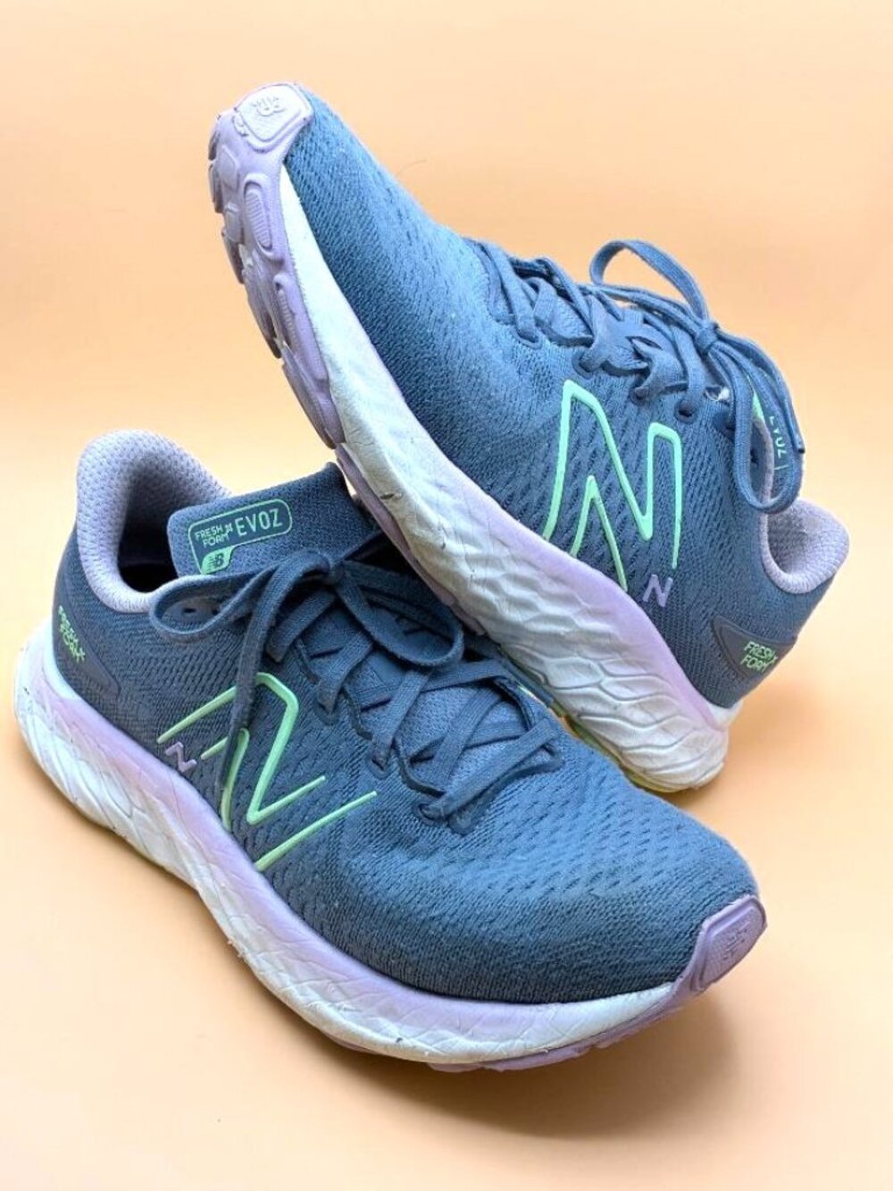 New Balance Fresh Foam X EVOZ W 10.5 Blue/Gray Knit Running Shoes Lime Accents